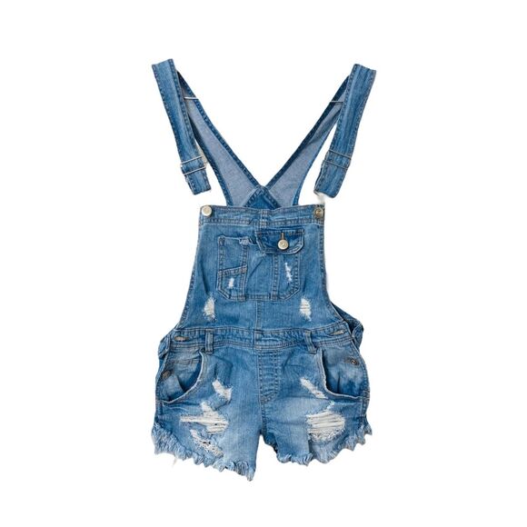 Rue21 Women's Denim Overall Cut Off Shorts Blue Distressed Size 2 - Picture 1 of 9